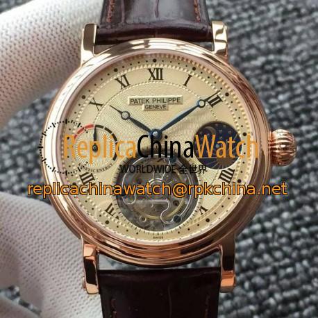 Replica Patek Philippe Tourbillon Moonphase Power Reserve Rose Gold Gold Dial Swiss Tourbillon