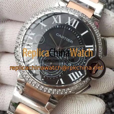 Replica Cartier Ballon Bleu Chronograph Stainless Steel & Diamonds Black Dial Swiss 7750