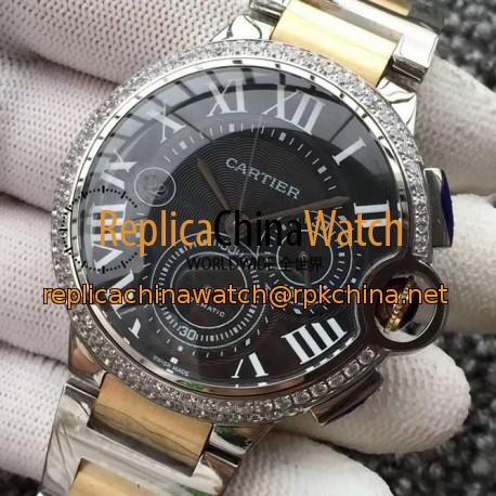 Replica Cartier Ballon Bleu Chronograph Stainless Steel & Diamonds Black Dial Swiss 7750