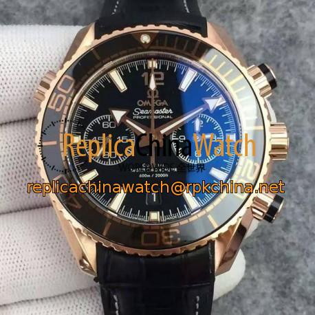 Replica Omega Seamaster Planet Ocean 600M Chronograph Rose Gold Black Dial Swiss 9301