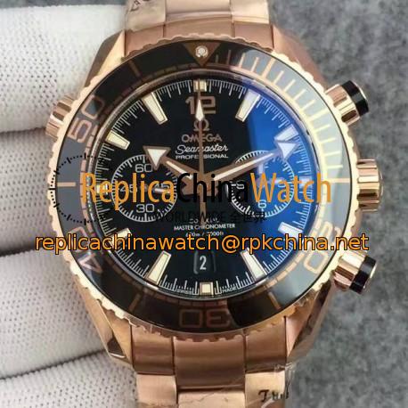 Replica Omega Seamaster Planet Ocean 600M Chronograph Rose Gold Black Dial Swiss 9301