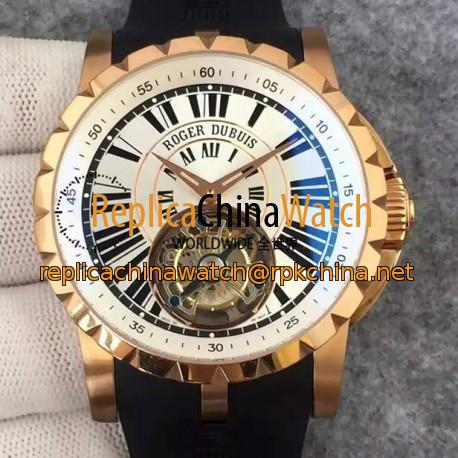 Replica Roger Dubuis Excalibur Tourbillion Rose Gold White Dial Swiss Tourbillon