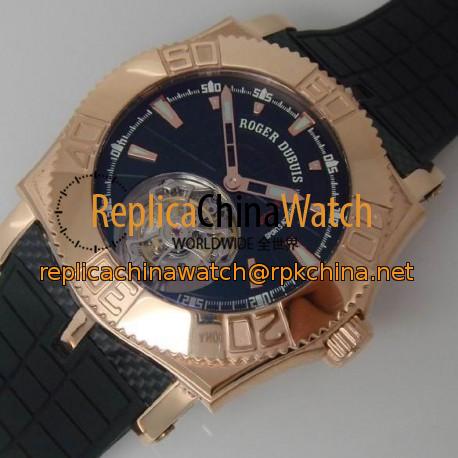 Replica Roger Dubuis Excalibur Easy Diver Tourbillion Rose Gold Black Dial Swiss Tourbillon