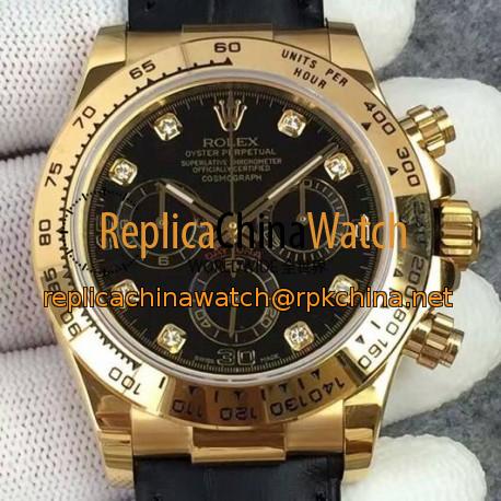 Replica Rolex Daytona Cosmograph 116518 JH Yellow Gold Diamonds & Black Dial Swiss 4130 Run 6@SEC