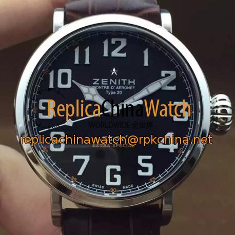 Replica Zenith Pilot Extra Special SS/LE Black Dial on Brown Leather Strap