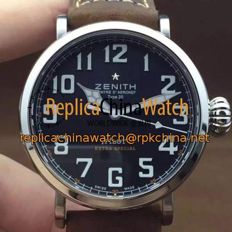 Replica Zenith Pilot Extra Special SS/LE Black Dial on Leather Strap