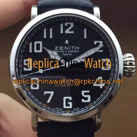 Replica Zenith Pilot Extra Special SS/LE Black Dial on Black Leather Strap