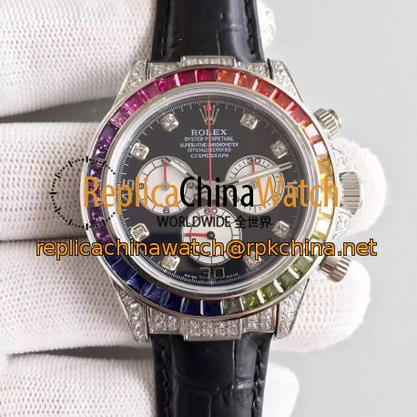 Replica Rolex Daytona Cosmograph 116599 Rainbow Stainless Steel & Diamonds Black Dial Swiss 7750 Run 6@SEC