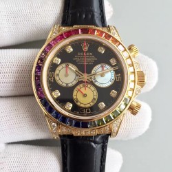 Replica Rolex Daytona Cosmograph 116598 Rainbow Yellow Gold & Diamonds Black Dial Swiss 7750 Run 6@SEC