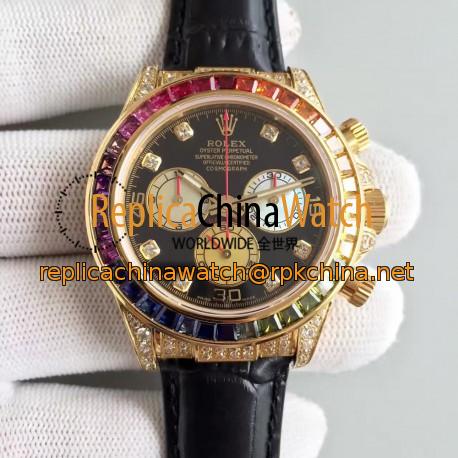 Replica Rolex Daytona Cosmograph 116598 Rainbow Yellow Gold & Diamonds Black Dial Swiss 7750 Run 6@SEC