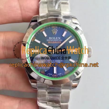 Replica Rolex Milgauss 116400GV JF Stainless Steel Blue Dial Swiss 2836-2