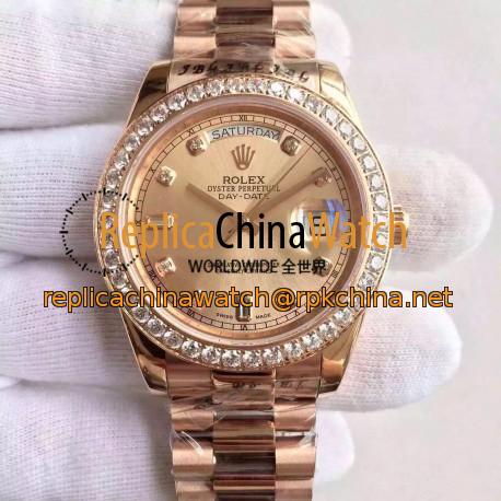 Replica Rolex Day-Date II 218235 41MM KW Rose Gold & Diamonds Gold Dial Swiss 3255