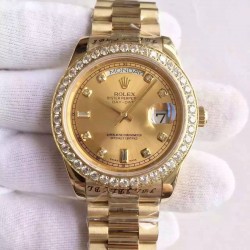 Replica Rolex Day-Date II 218348 41MM KW Yellow Gold & Diamonds Champagne Dial Swiss 3255