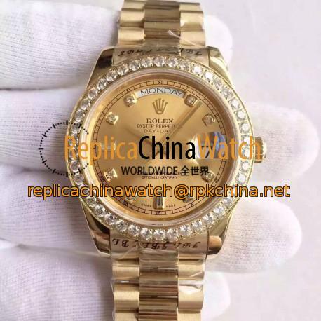 Replica Rolex Day-Date II 218348 41MM KW Yellow Gold & Diamonds Champagne Dial Swiss 3255