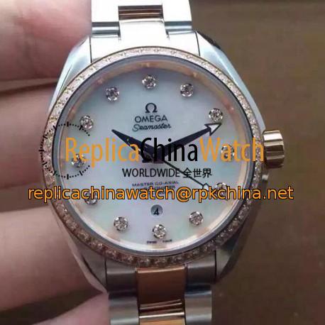 Replica Omega Aqua Terra 150M Lady 34MM Rose Gold & Stainless Steel Pearl Dial Swiss 8520