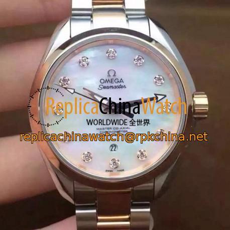 Replica Omega Aqua Terra 150M Lady 34MM Rose Gold & Stainless Steel Pearl Dial Swiss 8520