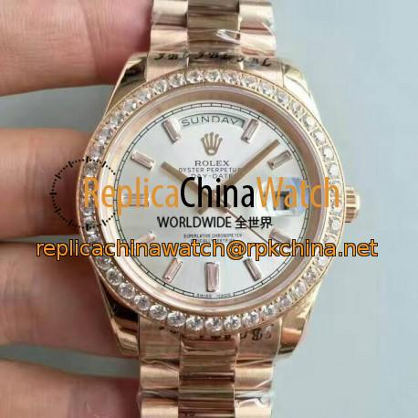 Replica Rolex Day-Date 40 228235 40MM KW Rose Gold & Diamonds Sundust Dial Swiss 3255