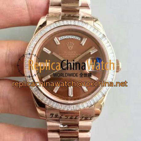 Replica Rolex Day-Date 40 228235 40MM KW Rose Gold & Diamonds Chocolate Dial Swiss 3255