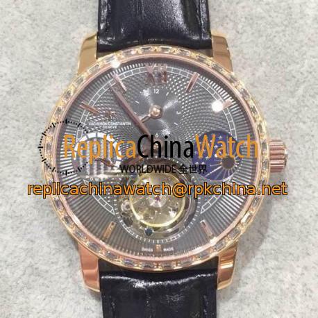 Replica Vacheron Constantin Patrimony Tourbillon Rose Gold & Diamonds Black Dial Swiss Tourbillon