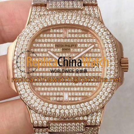 Replica Patek Philippe Nautilus Jumbo 5719/1G-001 DM Rose Gold & Diamonds Diamonds Dial Swiss 324SC