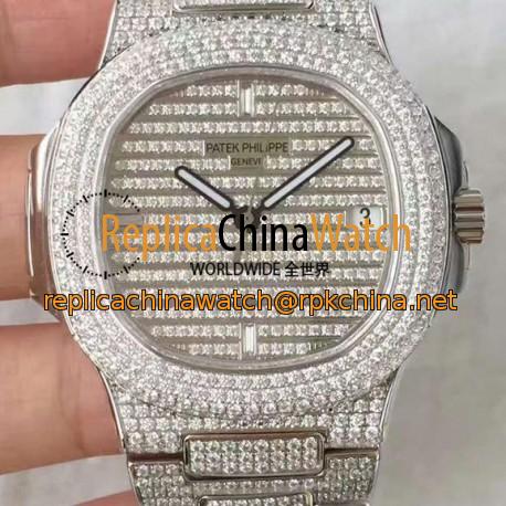 Replica Patek Philippe Nautilus Jumbo 5719/1G-001 DM Stainless Steel & Diamonds Diamonds Dial Swiss 324SC