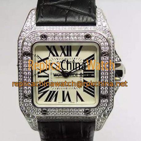 Replica Cartier Santos 100 39MM Stainless Steel & Diamonds Swiss 2836-2