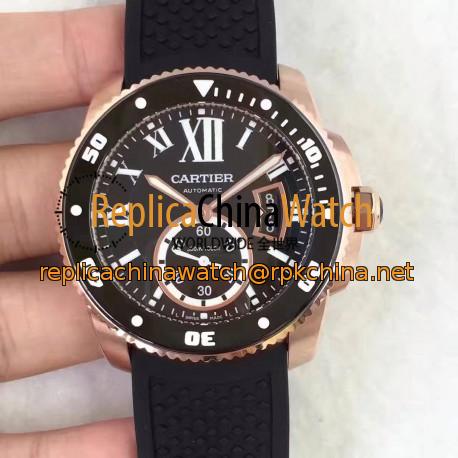 Replica Calibre De Cartier Diver W7100052 42MM TF Rose Gold Black Dial M9015