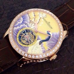 Replica Jaeger-LeCoultre Master Grand Tourbillon Enamel Crane N Rose Gold & Diamonds Porcelain Dial Swiss Tourbillon