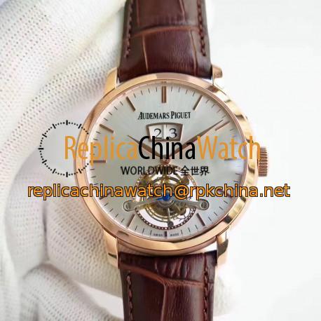 Replica Audemars Piguet Jules Audemars Tourbillon Grande Date 26559 TF Rose Gold Silver Dial Swiss AP Caliber 2909