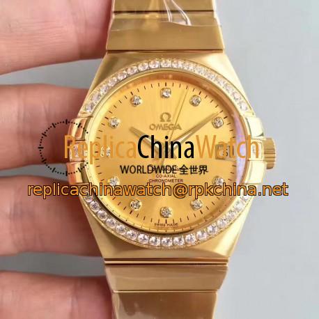 Replica Omega Constellation 123.55.38.21.58.001 38MM SSS Yellow Gold & Diamonds Champagne Dial Swiss 8500