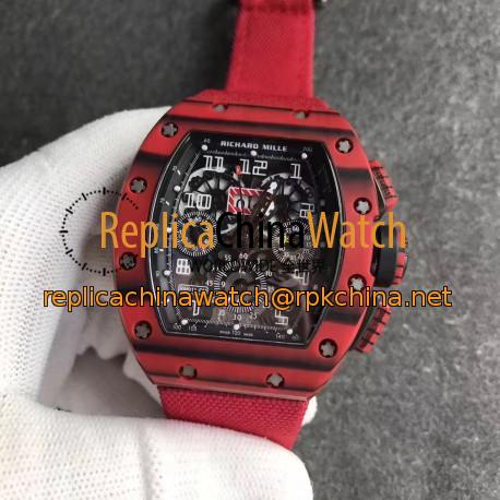 Replica Richard Mille RM011 Red QTPT Flyback Chronograph KV Red Forged Carbon Black Skeleton Dial Swiss 7750