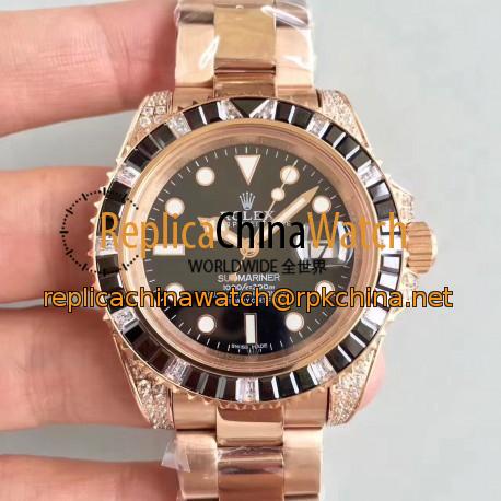 Replica Rolex Submariner Date 116618LN BP Rose Gold & Diamonds Black Dial Swiss 2836-2